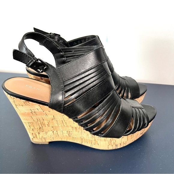 Franco Sarto Sharp Sandals Faux Black Leather Platform Cork Wedge Slingback 8.5 - Picture 4 of 13